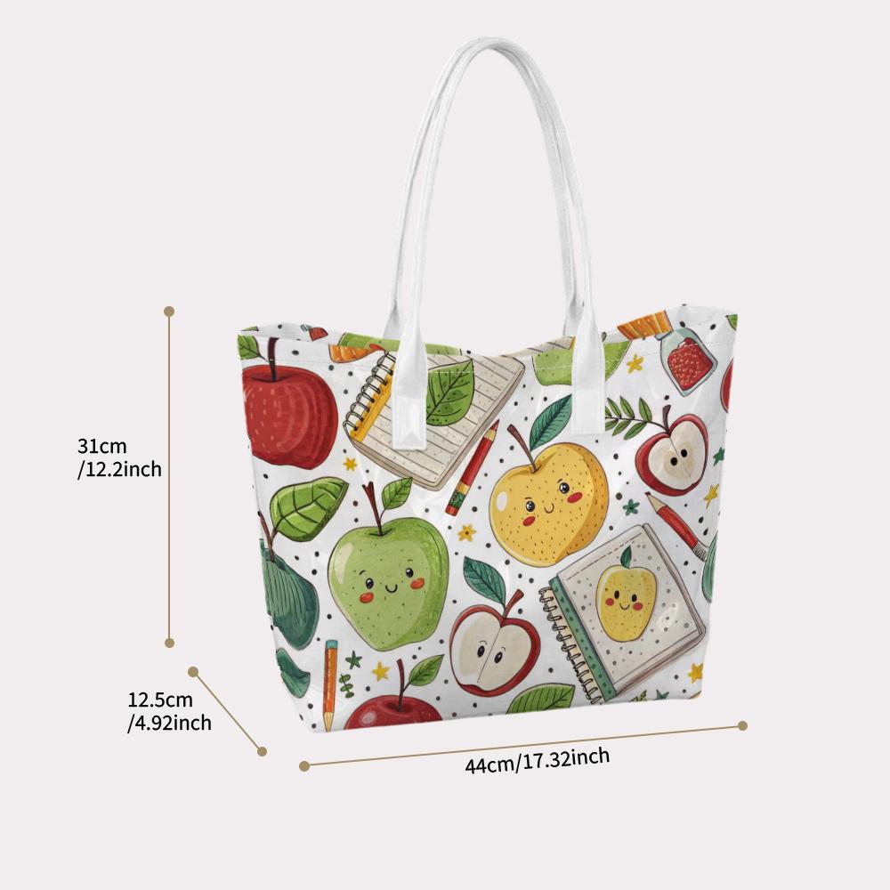 Cute Apple Print Portable Tote Bag Casual Daily Shoulder Handbag for Shopping Work Travel