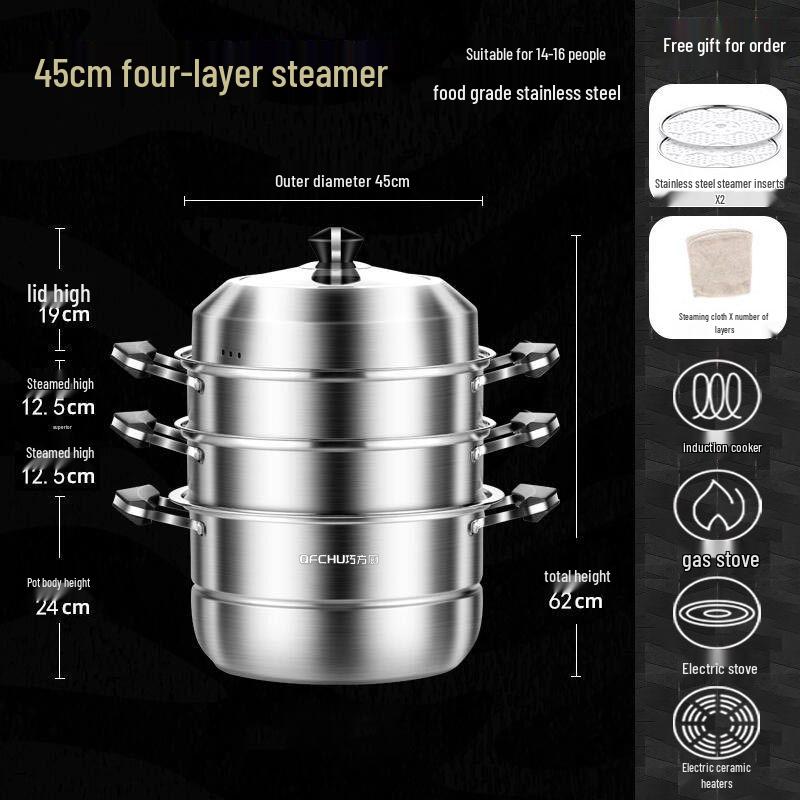 Large 304 Stainless Steel Three-Layer Household Steamer for Induction and Gas Stoves