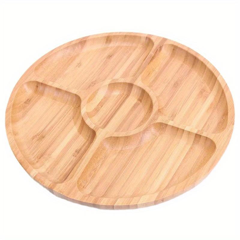 Wooden Divided Serving Trays Bamboo Fruit Tray with 5 Compartments Round Serving Tray for Party Dishes Snacks Dried Fruits