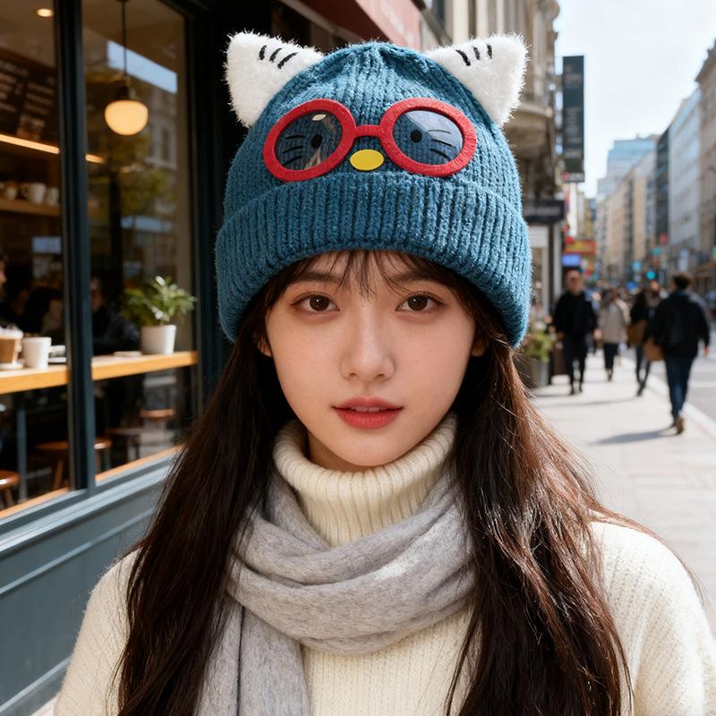 New Cute Glasses Cat Ears Hat for Women Autumn and Winter Warm Ear Protection Knitted Hat Showing Face Small Woolen Cold Hat