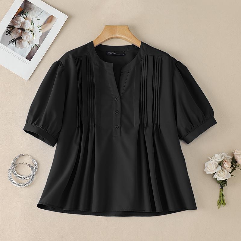 ZANZEA Blusa Casual da Donna Girocollo Tinta Unita Ampia Manica Corta