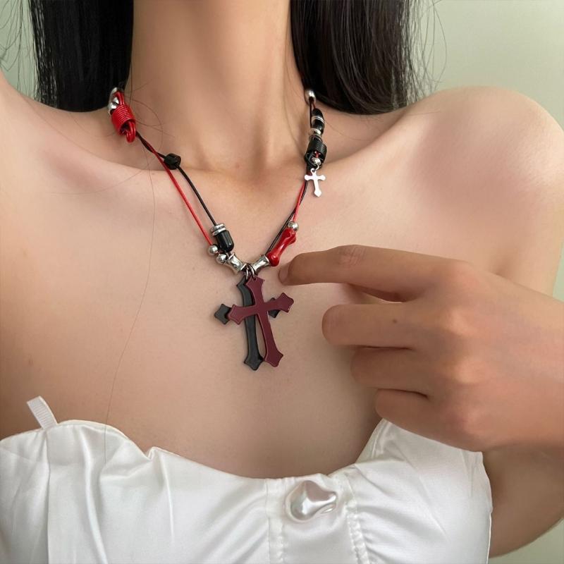 Subculture Rock Beaded Necklace Niche Retro Black Red Crossed Pendant Bead Acrylic Necklace Summer Bead Necklace Jewelry