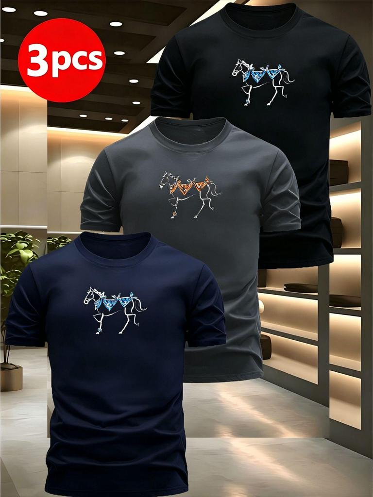 Men's European Size Bird's Eye Knit T-Shirt Set - Plain, Breathable, Quick-Dry, Short Sleeve, Round Neck, 3 Pieces