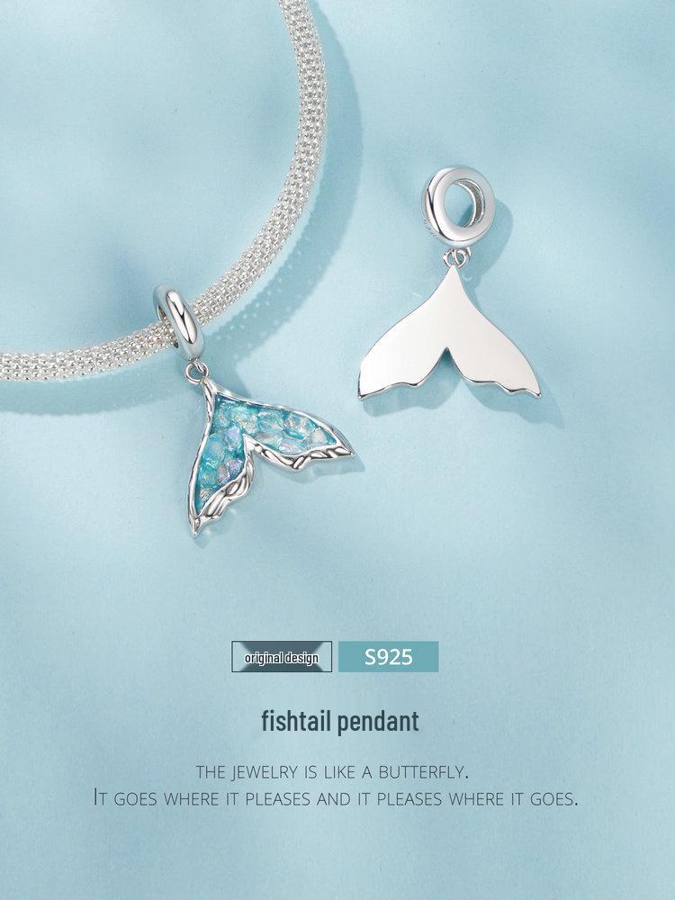 Exquisite Fantasy Blue Fishtail S925 Sterling Silver Pendant Charm for DIY Bracelet
