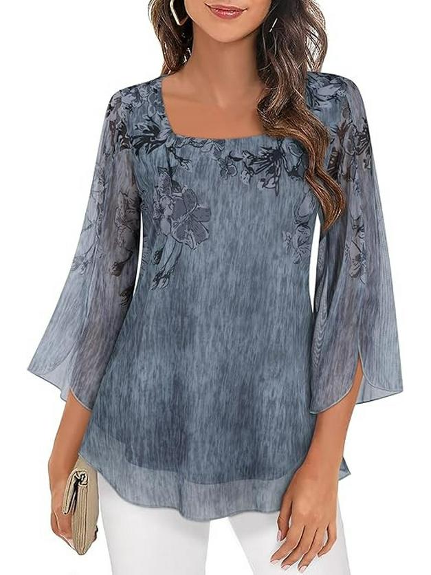 2026 Spring/Summer V-neck Temperament Print Three-Quarter Sleeve Irregular Top