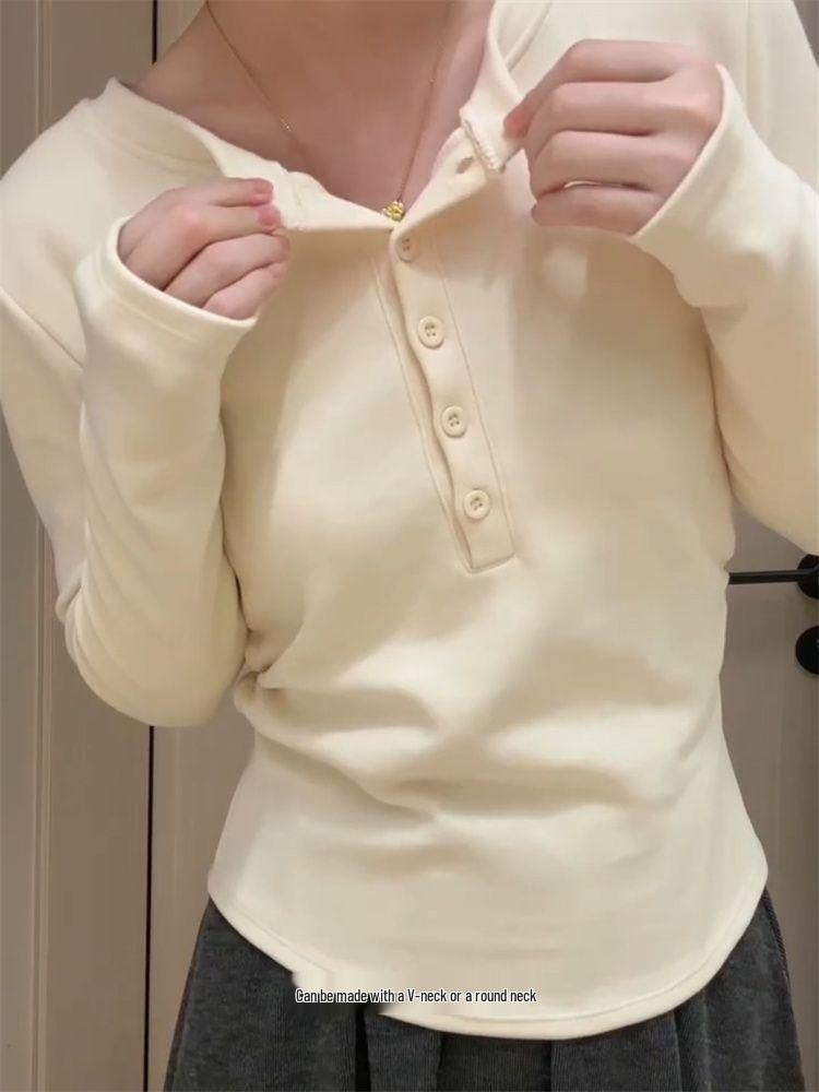 Korean Style Henley Collar Women's Slim Fit Long Sleeve Base Layer Top
