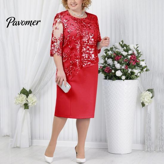 Plus Size Party Sheer Half Sleeve Floral Lace Layered Mother of Bride Midi Dress