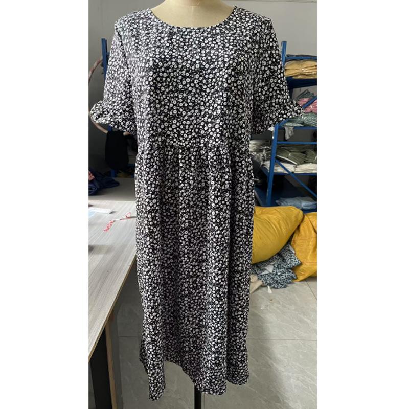 Women s new round neck short-sleeved printed floral dress S чёрный