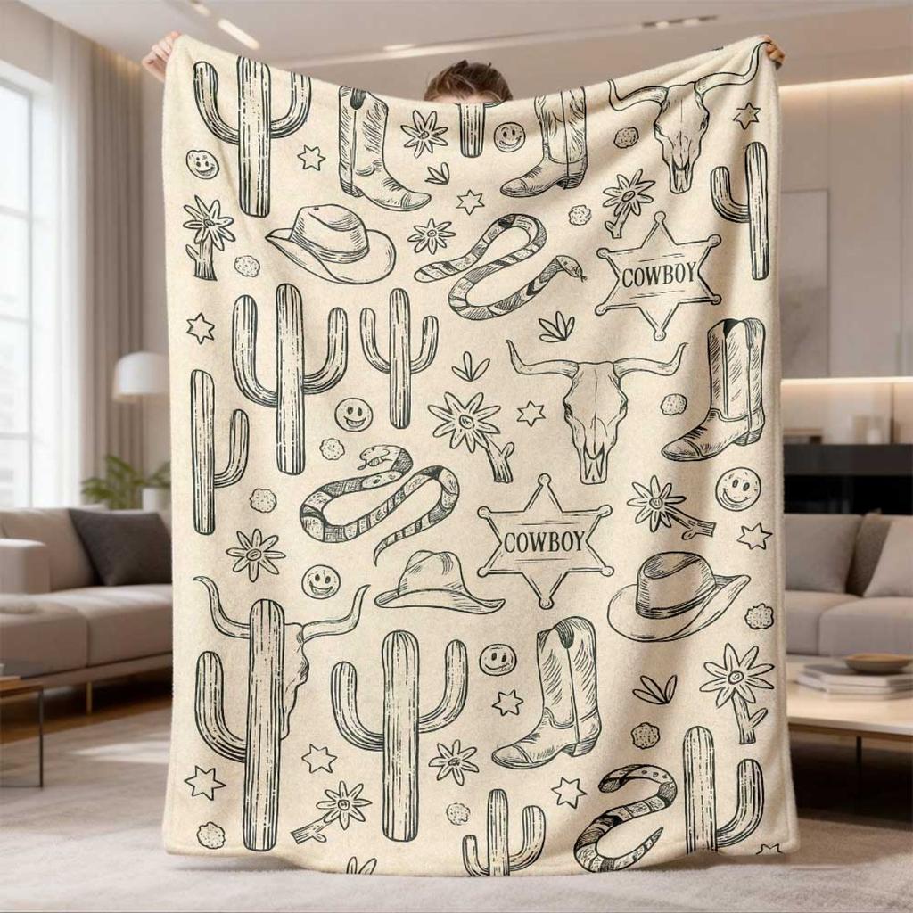 1pc 2026 Latest Flannel Blanket | Halloween Western Cowboy Theme, Cow Skull, Horse Hoof, Cactus Country Style, Cowboy Boots Hat, Farmhouse Retro Style