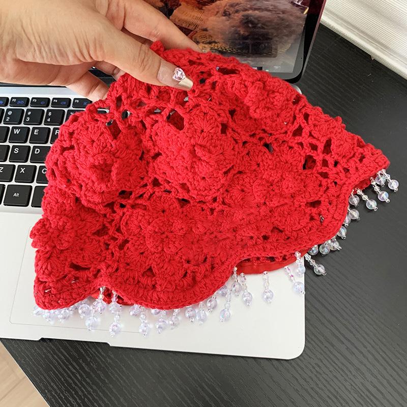 Женская летняя тонкая ажурная вязаная шапка-бини, шапка с крючком, шапка с цветком, богемная этническая шапка с бисером и кисточками, шапка-мешок