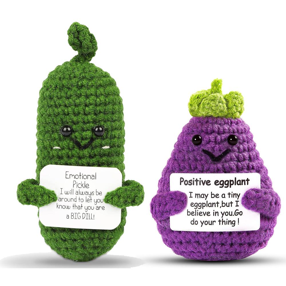 Handmade Emotional Support Pickle Crochet Funny Sour Cucumber Knitted Pickle with Positive Card Cheer up Gift Crochet Home Decor