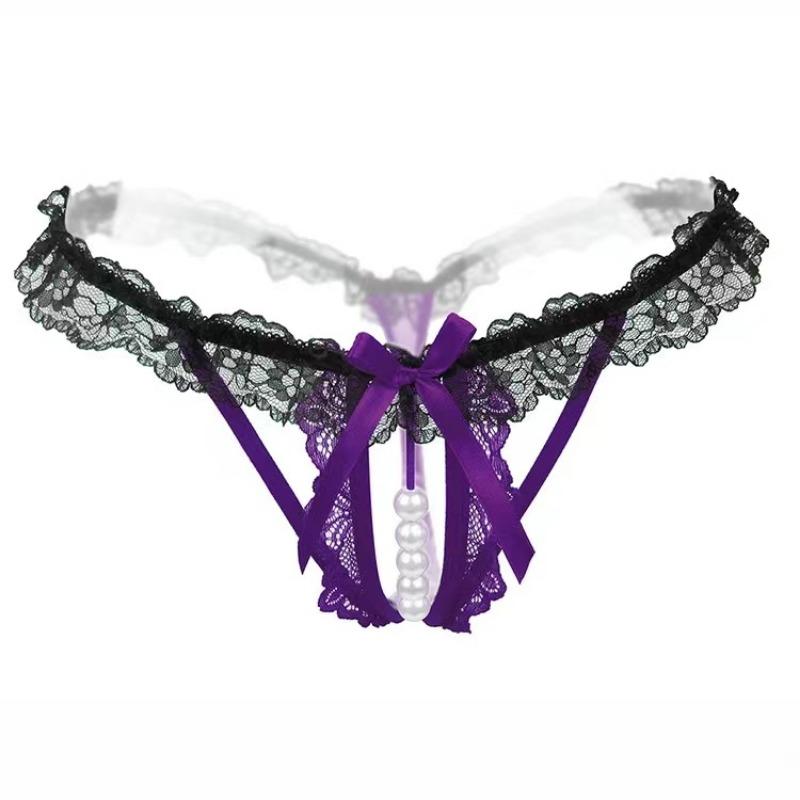 Plus Size Lingerie Women Lace Briefs Pearl Beading Panties For Sex Open Crotch Thongs G Strings Transparent Underwear