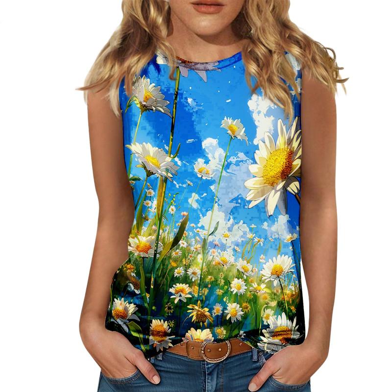 Floral Oil Painting 3D Print Tank Tops Women O-Neck Casual Vest Off Shoulder Y2k Elegant Sleeveless Top Camisole Woman Clothing