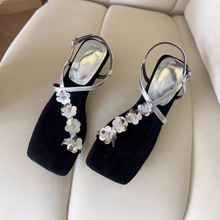 Giant Beauty~ French Square Head Niche Design Sequins Flower Set Toe Sandals Women's Soft Sole with Skirt Wedge Heel Sandals