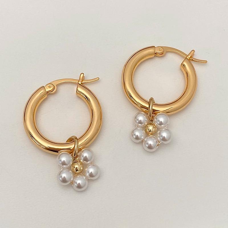 PONYKISS Sterling Silver Needle Pearl Pendant Round Hoop Earrings for Women Minimalist Trendy Fashion Accessories