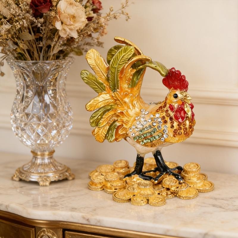 Hand Painted Enamel Rooster Jewelry Box For Rings Earrings And Small Accessories Decorative Ornament Gift