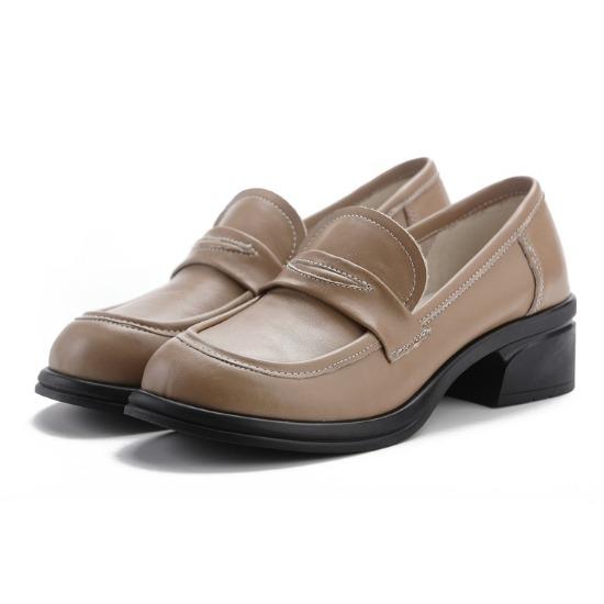 Cowhide Loafers Women's Shoes Genuine Leather Low Top Thick Heel Medium Heel Soft Sole Round Head Comfortable and Versatile Casual Office
