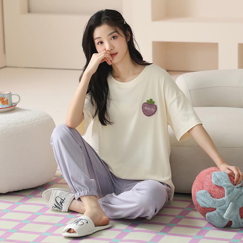 

Женский летний хлопковый пижамный комплект - С коротким рукавом, брюки свободного кроя, большой размер, универсальная одежда для дома/улицы 3XL (80-90 kg)