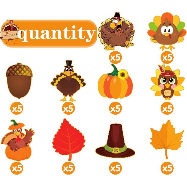 Joy Bang Thanksgiving Bulletin Board Decorations, 50 Pcs Autumn Fall Cutouts Pumpkin Leaves Turkey Cutouts Thanksgiving Decorations Decor for Home