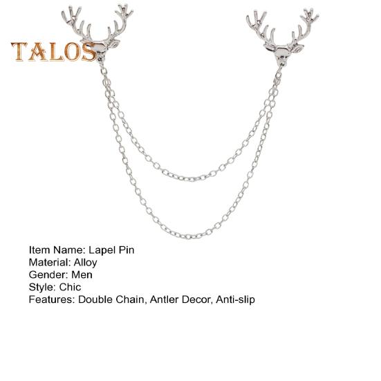 Men Lapel Pin Antler Decor Double Chains Anti-slip Dress-up Polished Suit Coat Collar Pin Coat Brooch Adult Clothes Hats Bags Jewelry