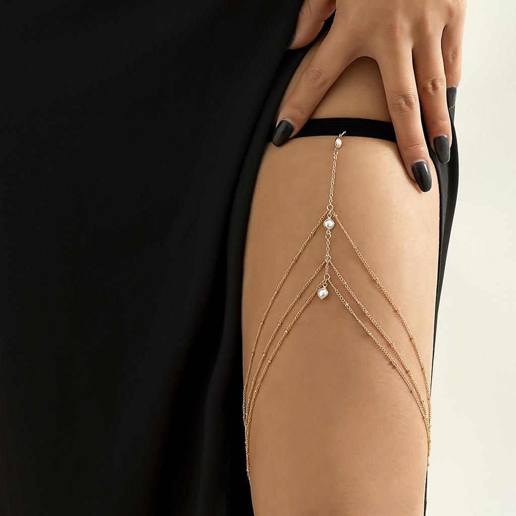 Sexy Beach Imitation Pearl Body Chain, Simple And Sexy Star-Shaped Rhinestone Fringed Thigh Chain