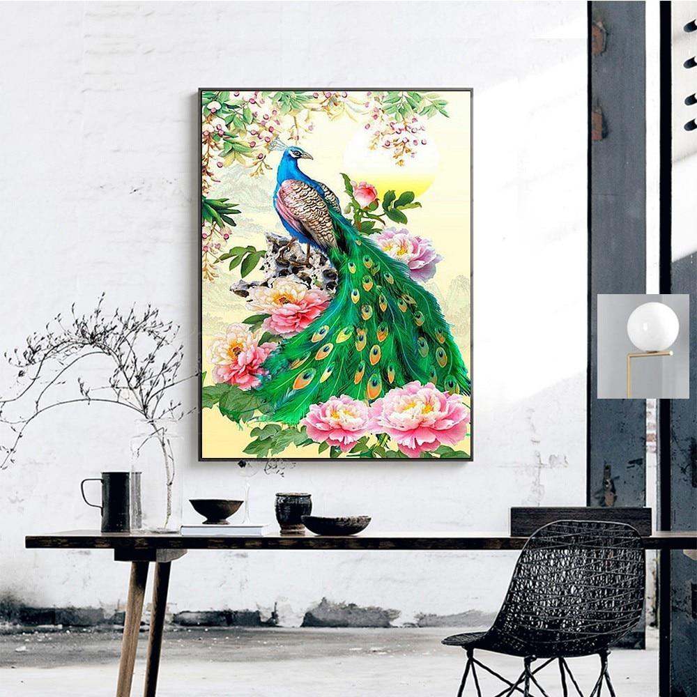 Pictură cu diamant DIY, rotund complet, broderie cu păun, vânzare, imagine cu stras