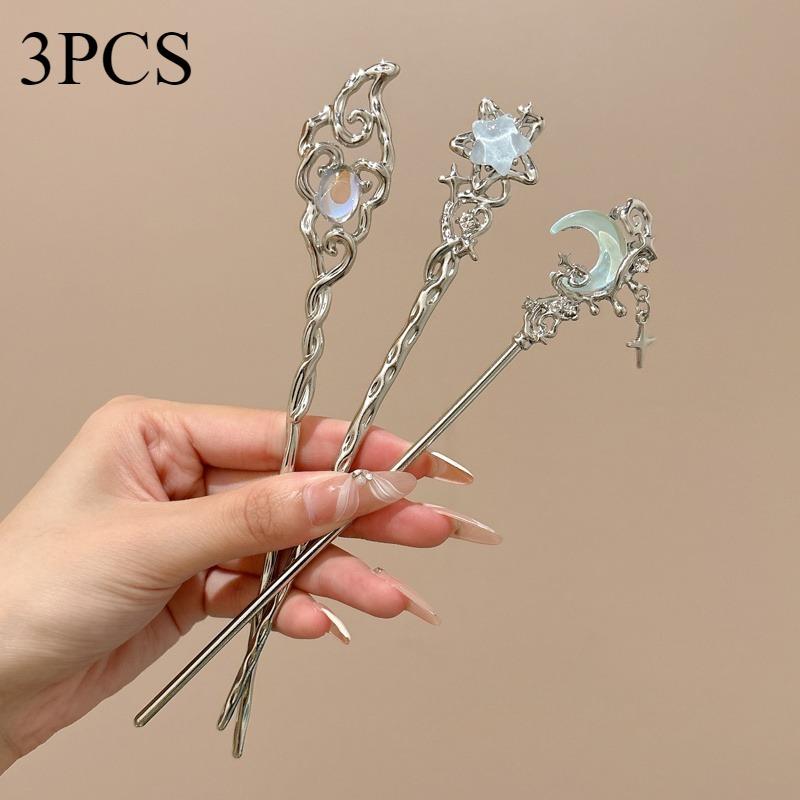 

Набор из 3 шт. Женская заколка для волос в виде звезды с лунным камнем, металлическая дисковая шпилька для волос, для повседневной носки, для вечеринки, в сочетании с длинной юбкой, ханьфу, модный аксессуар для волос