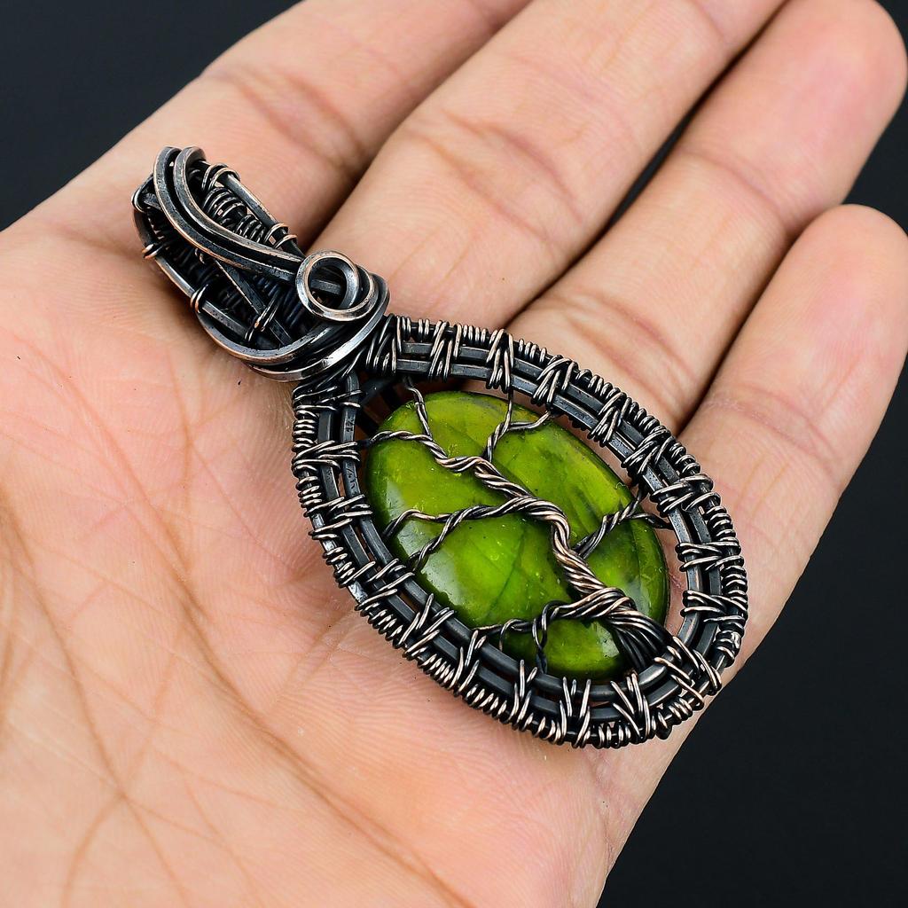 Tree Of Life Green Flash Labradorite Gemstone Handmade Pure Copper Wire Wrap Jewelry Pendant For Women