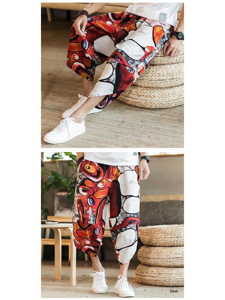 Men's Loose Linen Beach Pants, Wide-Leg 7-Point Harem, Casual Thai-Style Cotton Blend