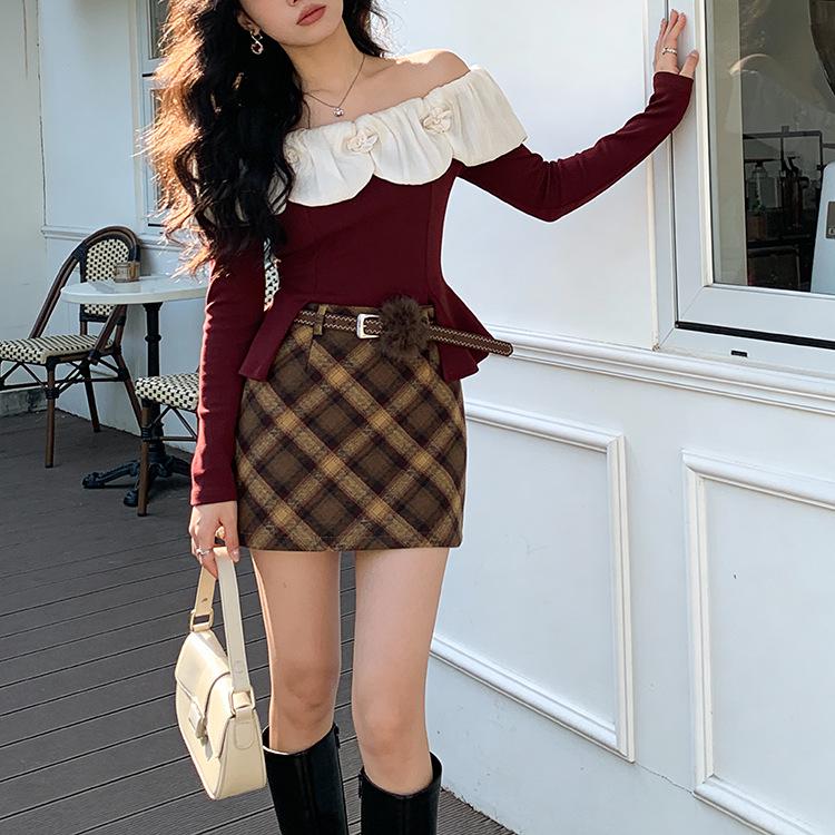 Fei Yuan Plaid Belted Red Skirt - Festive Autumn/Winter Style