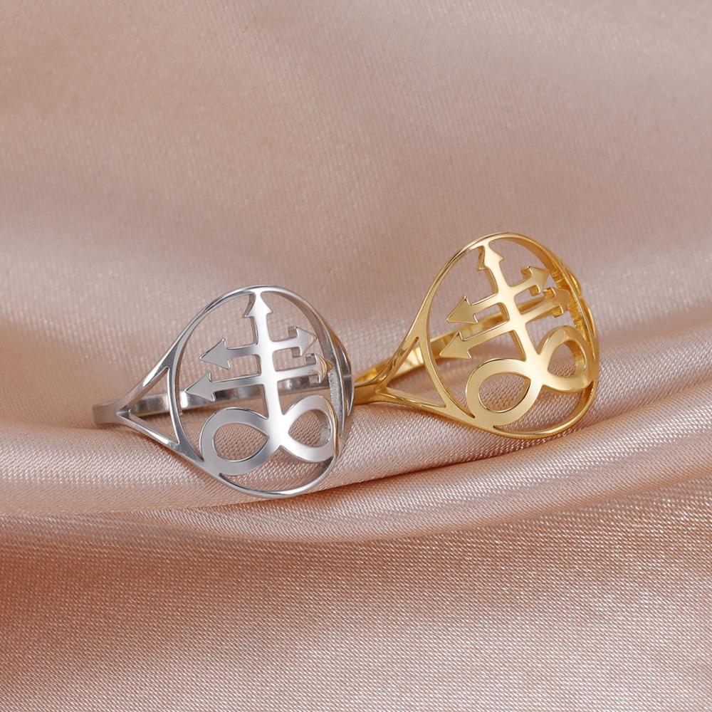 Dawapara Leviathan Cross Ring Stainless Steel Church Seal of Lucifer Alchemical Symbol Gothic Jewelry