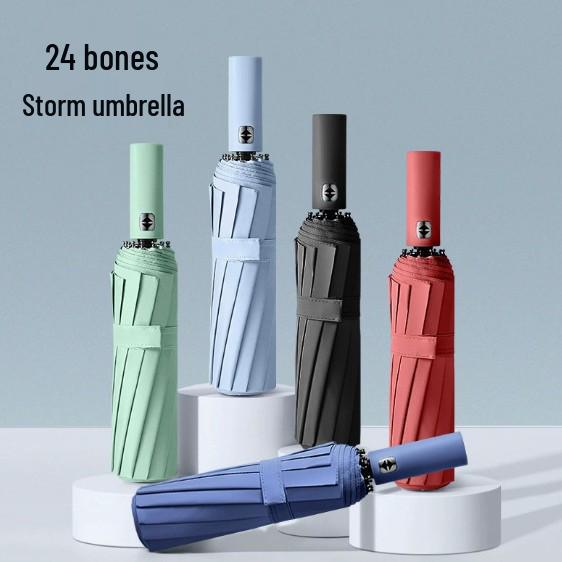 Fully Automatic Windproof Three-Fold Umbrella with Reinforced Structure and Black Sun Protection Coating, Customizable Logo Available.
