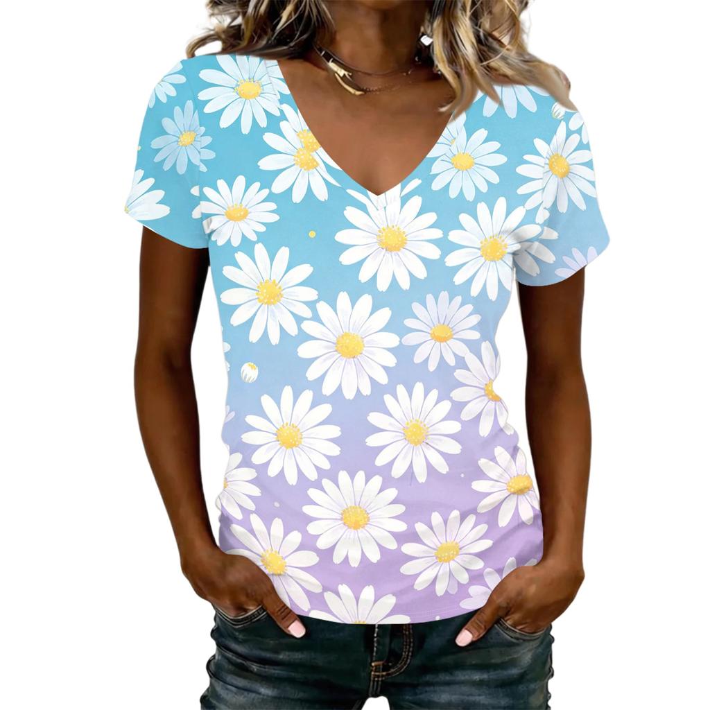 Women Casual V Neck Short Sleeve Floral Print T Shirt Lightweight Soft Fabric Comfortable Fit Summer Top
