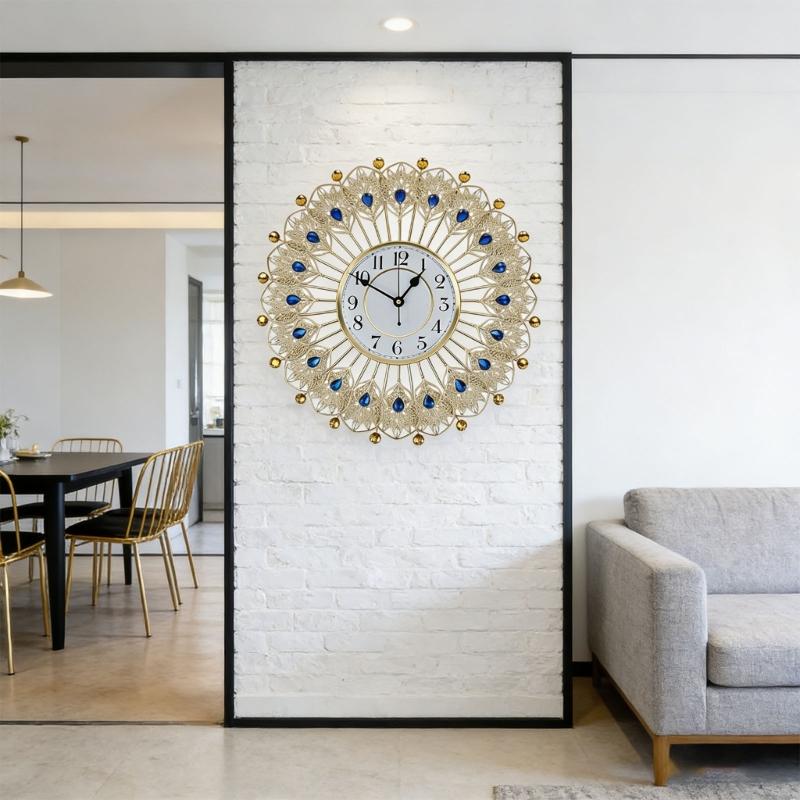Large Modern Wall Clocks for Living Room Decors Silents Battery Operated None Ticking Clock Peacocks Crystal Wall Watch