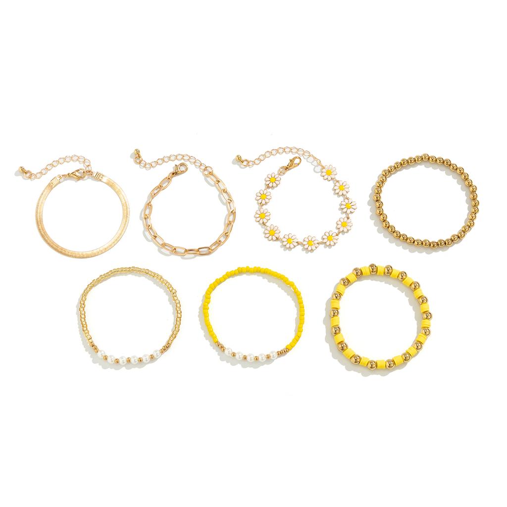 7Pcs/Set Kpop Sunflower Flat Snake Chain Bracelets for Women Trendy CCB Beads Charm Bangles Couple Friends Jewelry Accessories