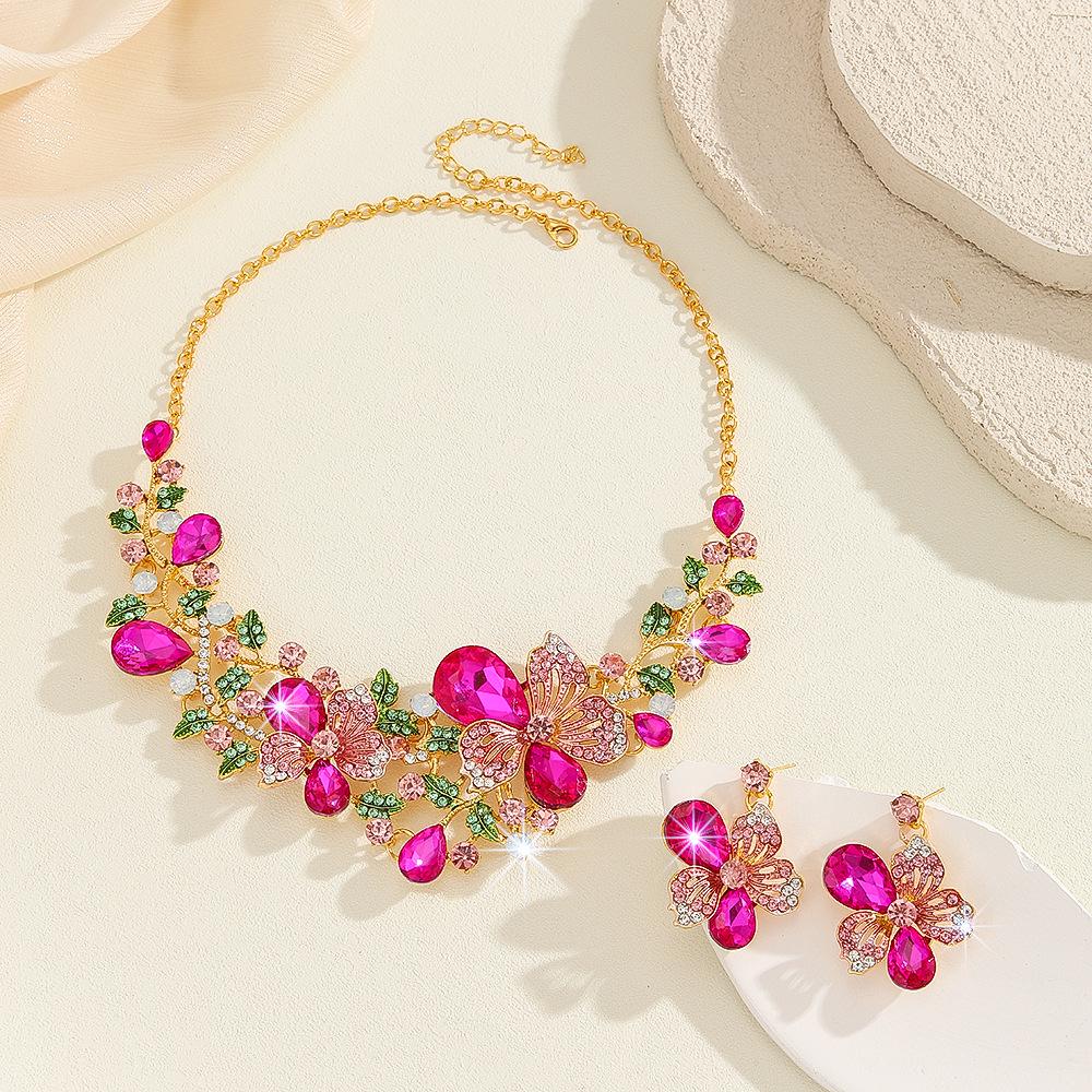 European & American Crystal Gemstone Floral Necklace & Earring Set - Colorful Evening & Bridal Accessories