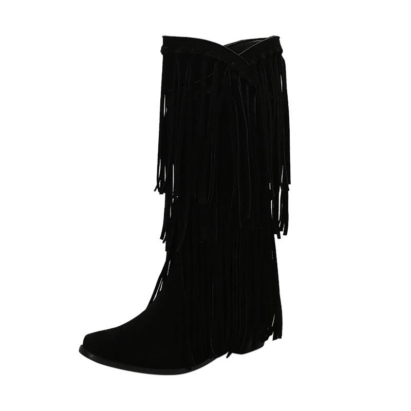 Large Size 45 Women Retro Ethnic Western Cowboy Boots Block Medium Heels Tassel Fringe Kneehigh Boot Lady Winter Shoes