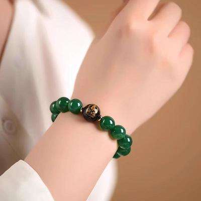 Natürliches Grünes Achat Tierkreis Schutzbuddha Armband mit Glücksbringenden Perlen