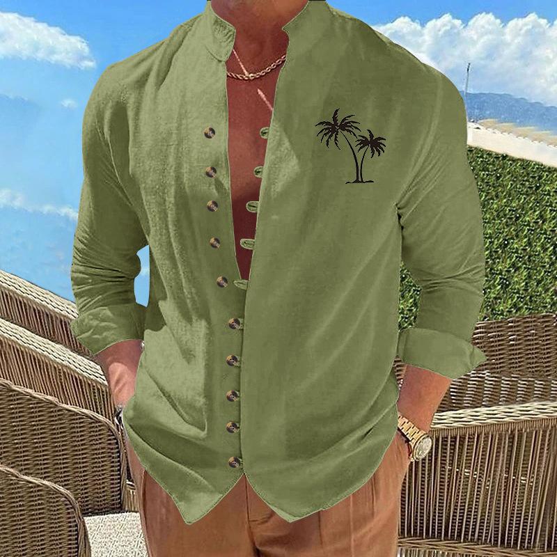 Coconut Tree Casual Printed Vintage Stand Collar Long-Sleeved Button-Down Men's Shirt