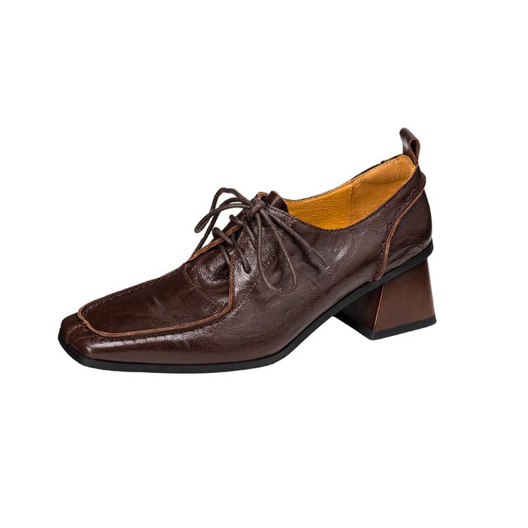 Fashion NEW Spring/Autumn Women Pumps Square Toe Chunky Heel Shoes Concise Genuine Leather Shoes for Women Lace-up Handmade Women Shoes