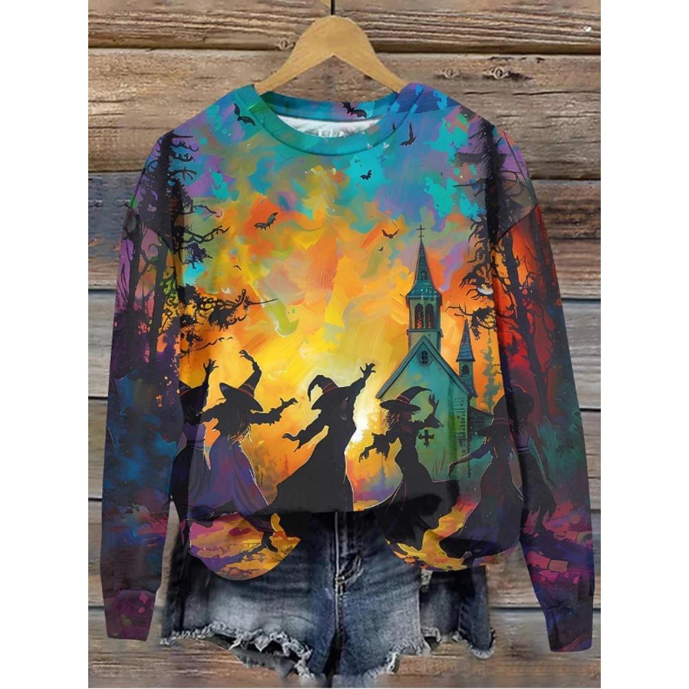 Tops for Women Halloween Print  Round Neck Long Sleeve T-shirt Fall Casual Slim Pullover Women's Long Sleeve Top