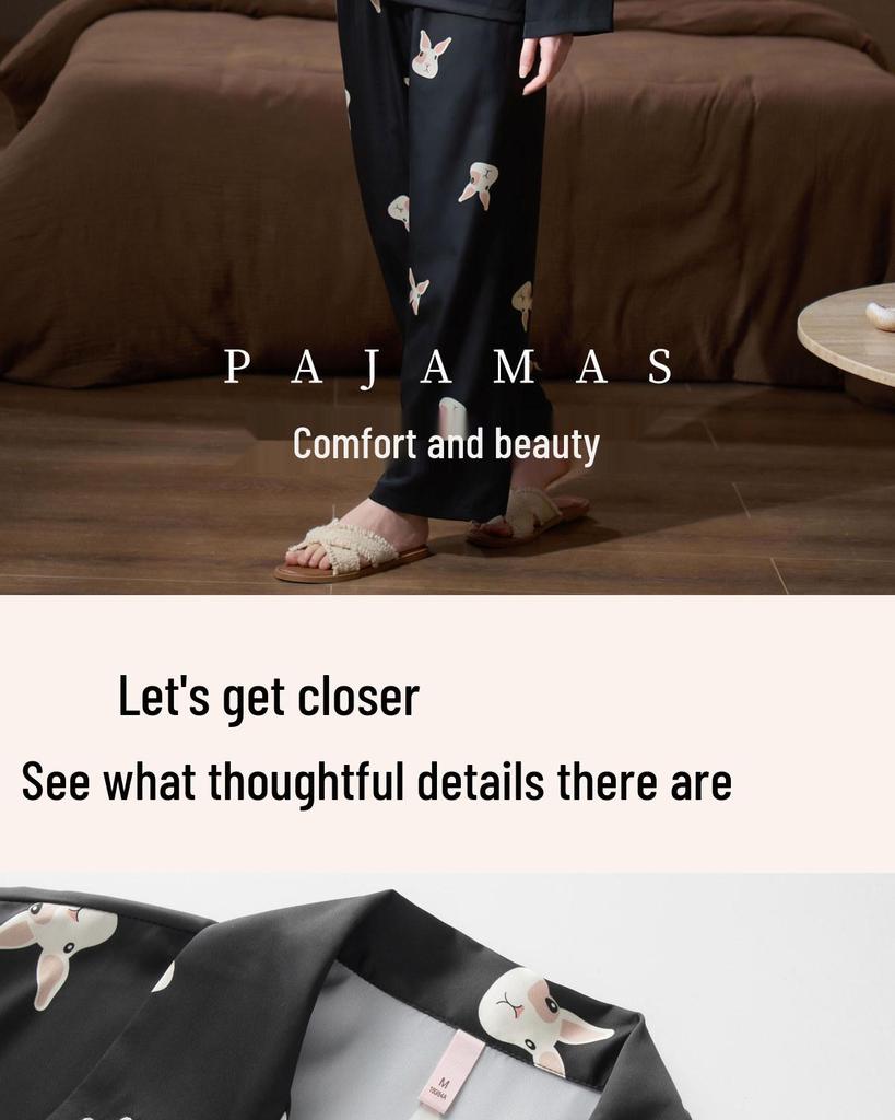 Women's Ice Silk Pajamas Set - Long Sleeve, Lightweight, Little Dog Print, High-End Feel for Spring and Autumn Home Wear.