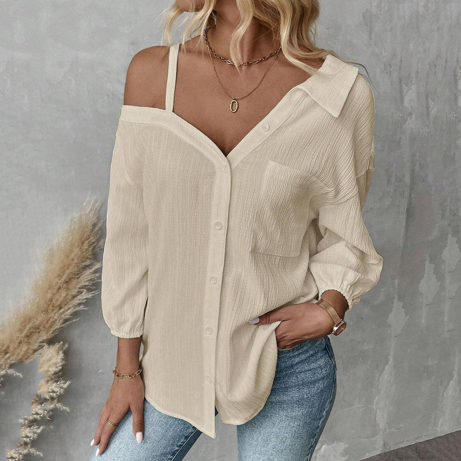 

Женская мода повседневная однотонная рубашка с лацканами, семь рукавов, однобортная, с открытыми плечами XL бежевый