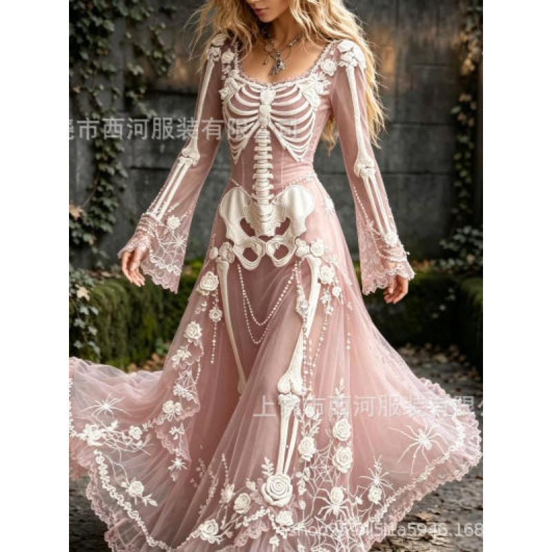 Abito da donna vintage gotico con teschio e rosa, motivo a gradiente, vestito lungo di Halloween con motivo a gradiente