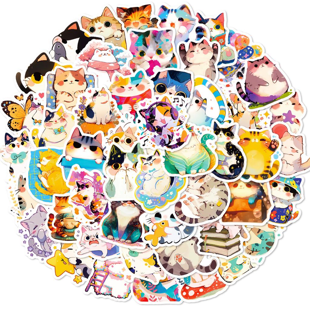 50 Stück Niedliche Aquarell Katzen Aufkleber, Japanische Kawaii Vinyl Aufkleber zum Journaling, für Laptops, Wasserflaschen, Weihnachtsgeschenk für Kinder