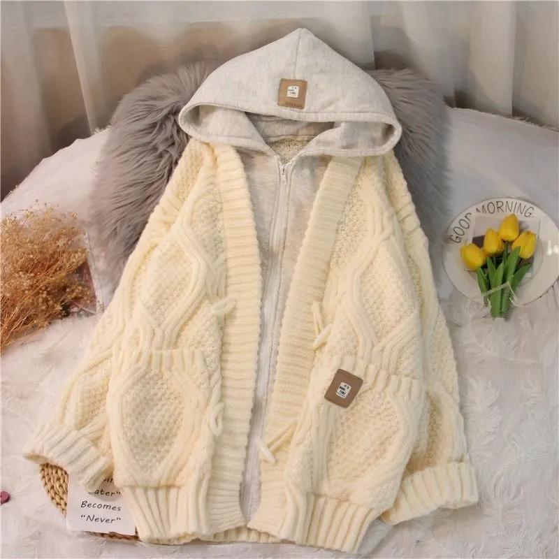Women's Autumn Loose Lazy Style Mid-Length Knitted Cardigan Fake Two Piece Hooded Sweater