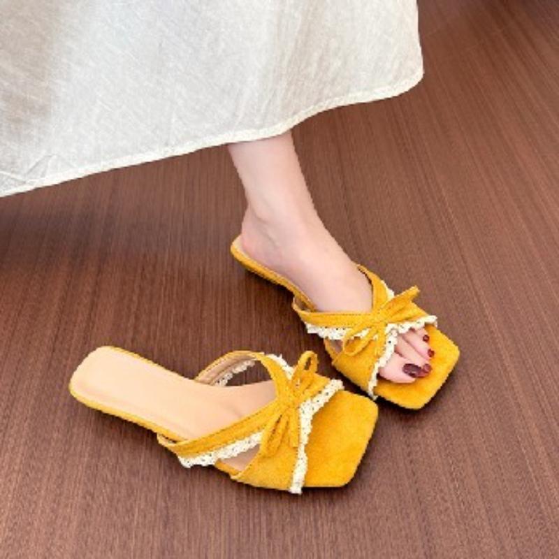 2026 New Designer Summer Butterfly-knot Lace Women Slippers Casual Thick Low Heel Dress Street Style Slides