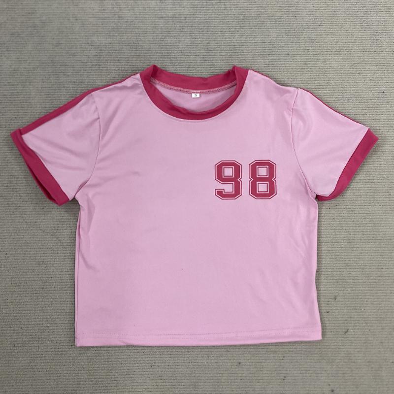 T-shirt crop top à col rond pour femmes européennes et américaines avec impression numérique
