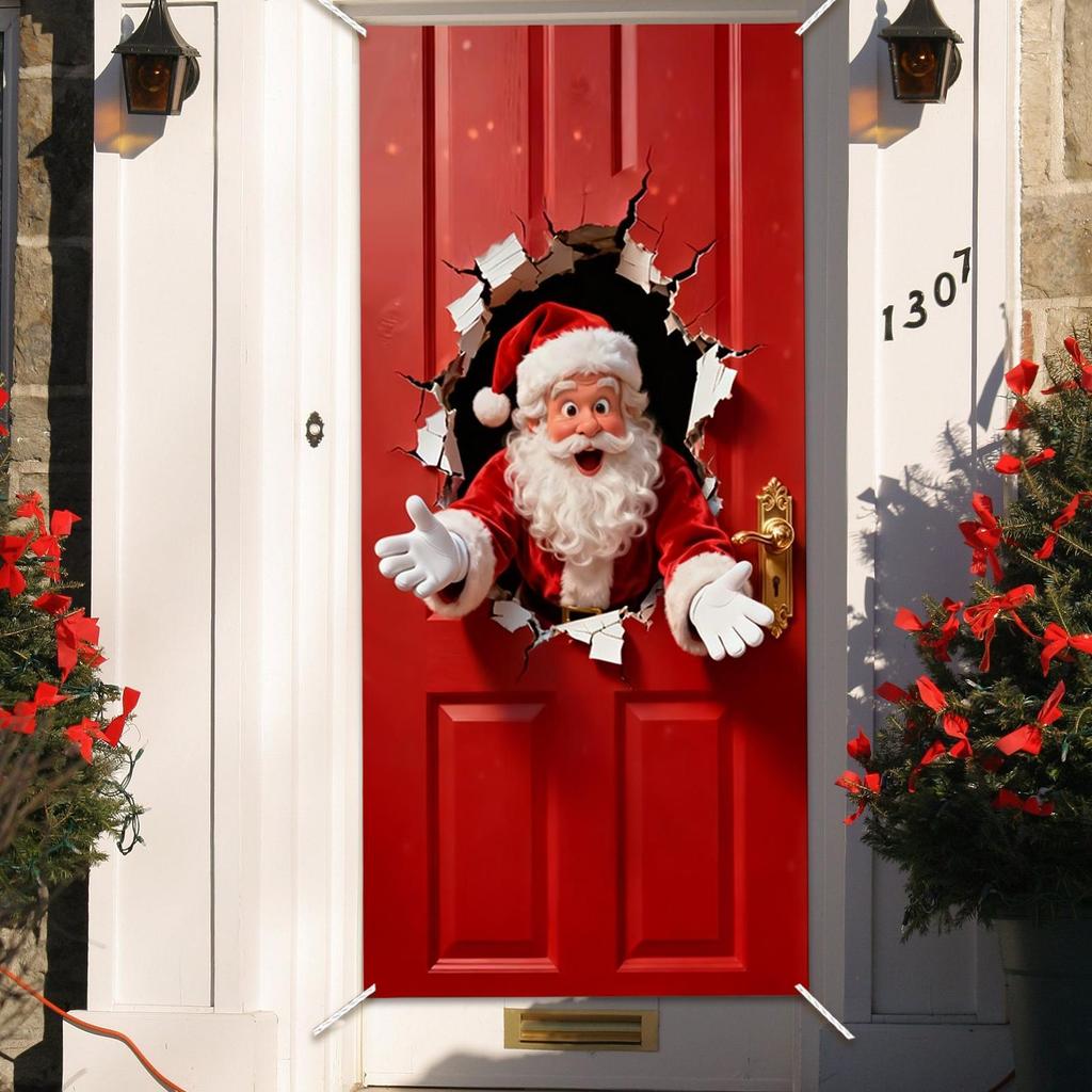 Christmas Banner 2D Wall-Breaking Santa Polyester Background Santa Claus Door Banner Cover For Kitchens Bathrooms Bedrooms