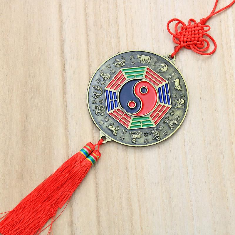 Feng Shui Alloy Bagua Mirror Pendant with Zodiac Signs & Taiji Symbols